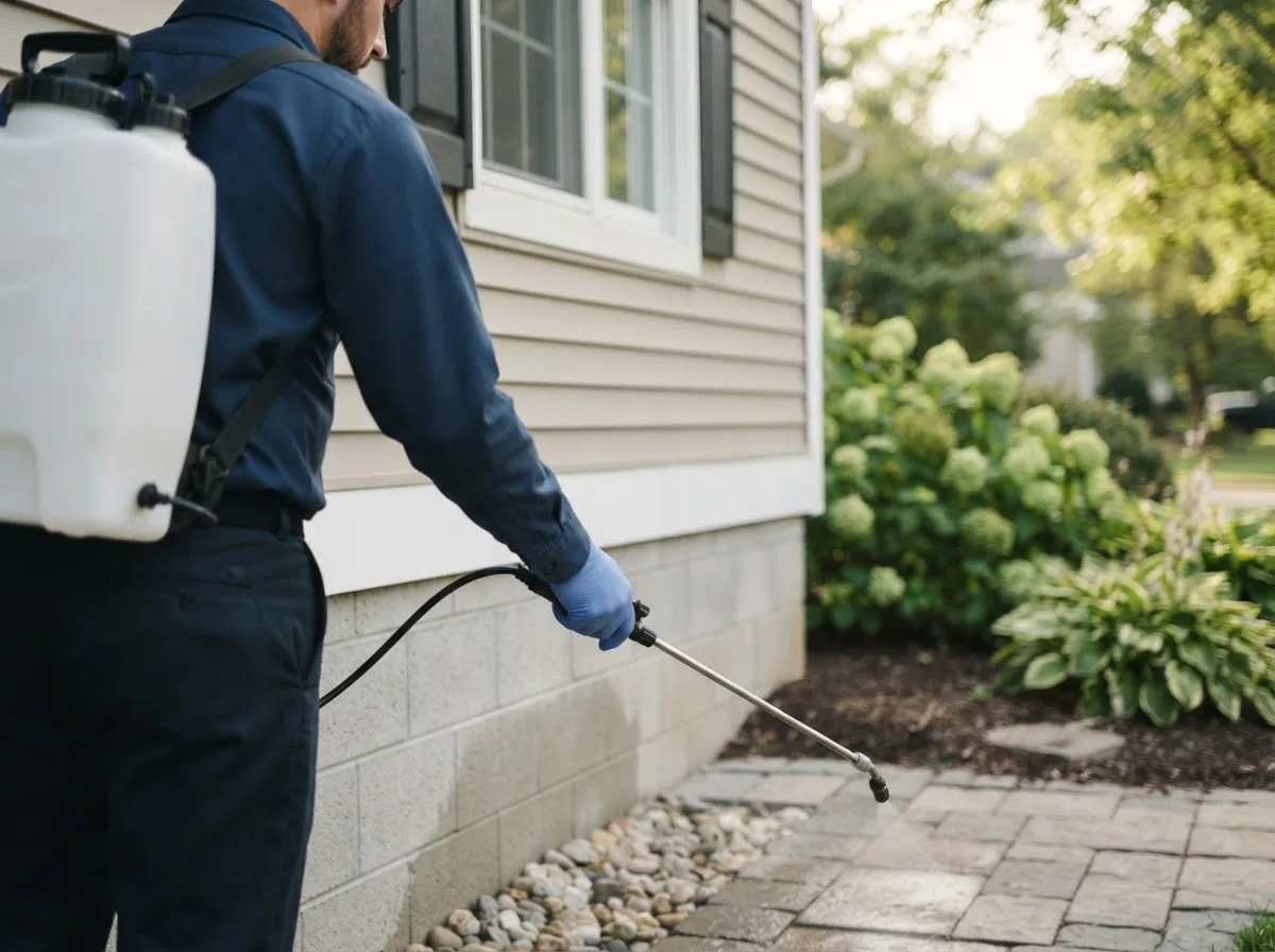 Pest control technician inspecting a home in Falun, KS